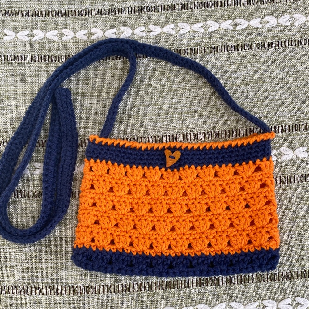 Handmade Crochet Orange and Navy Crossbody Bag